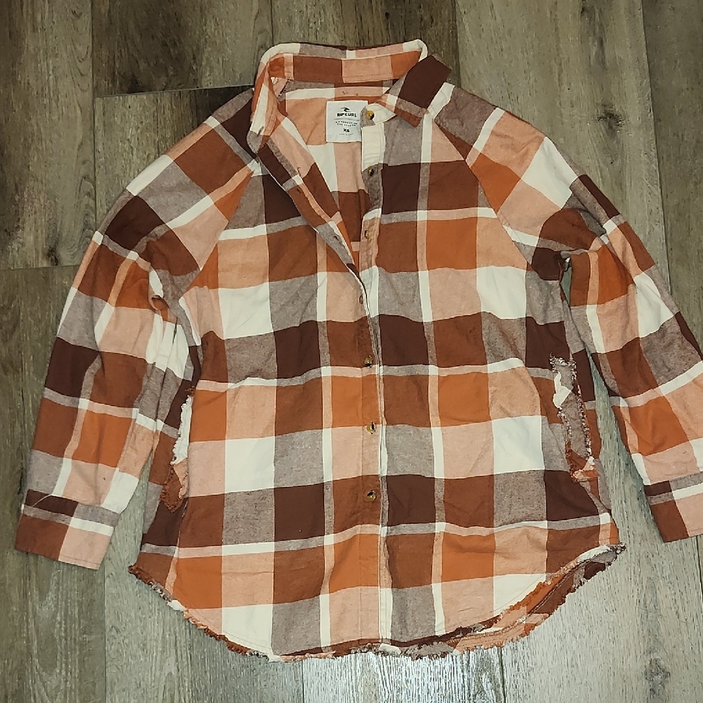 Rip Curl Womens Plaid Button-Down Shirt - Orange and Brown